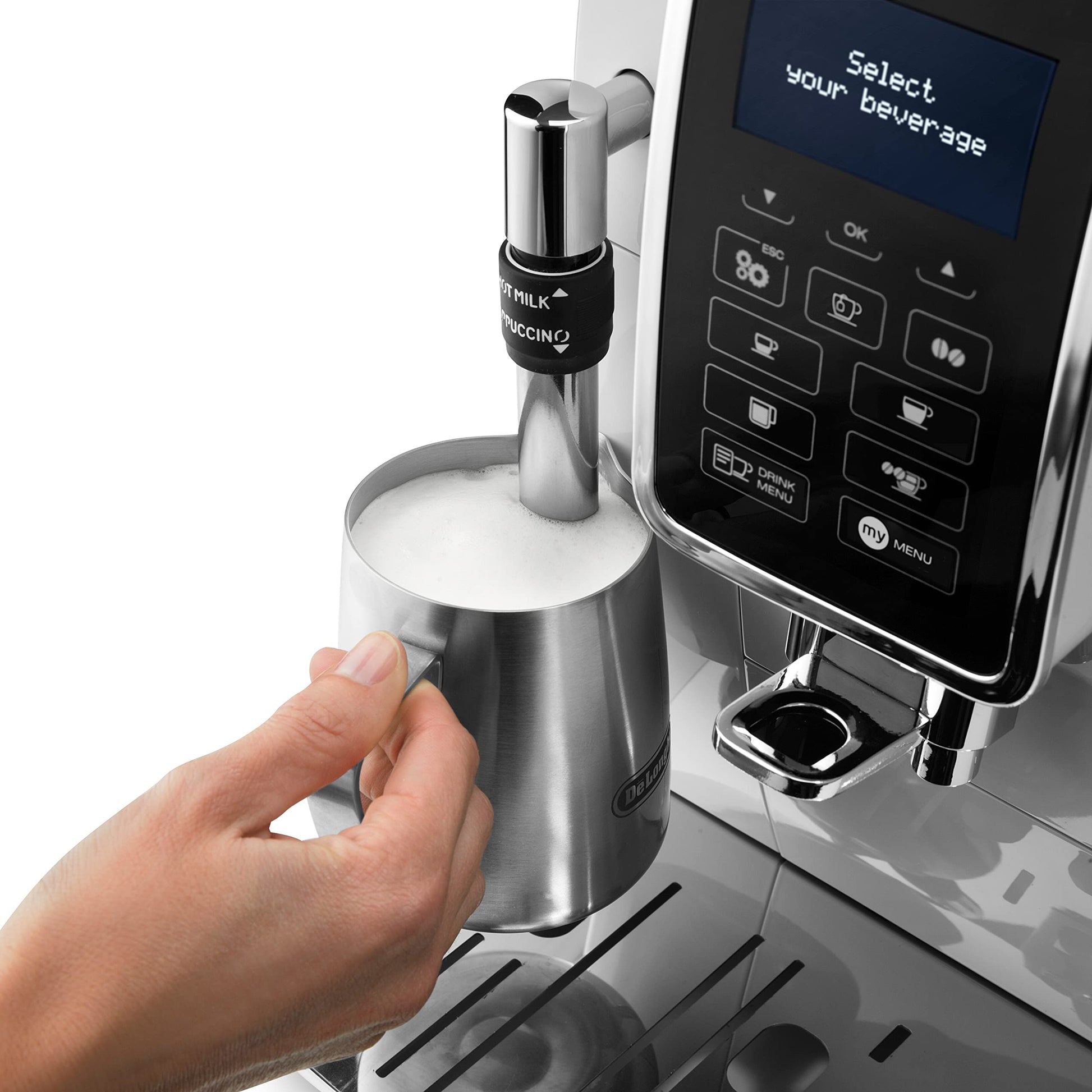 De'Longhi Dinamica Kaffeevollautomat mit Milchdüse und Display, Silber