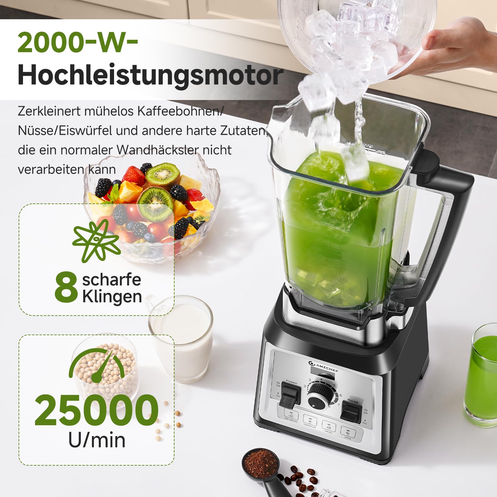 AMZCHEF Standmixer 2000W, 2L, 8 Geschwindigkeiten, für Ice Crushing & Smoothies, BPA-frei