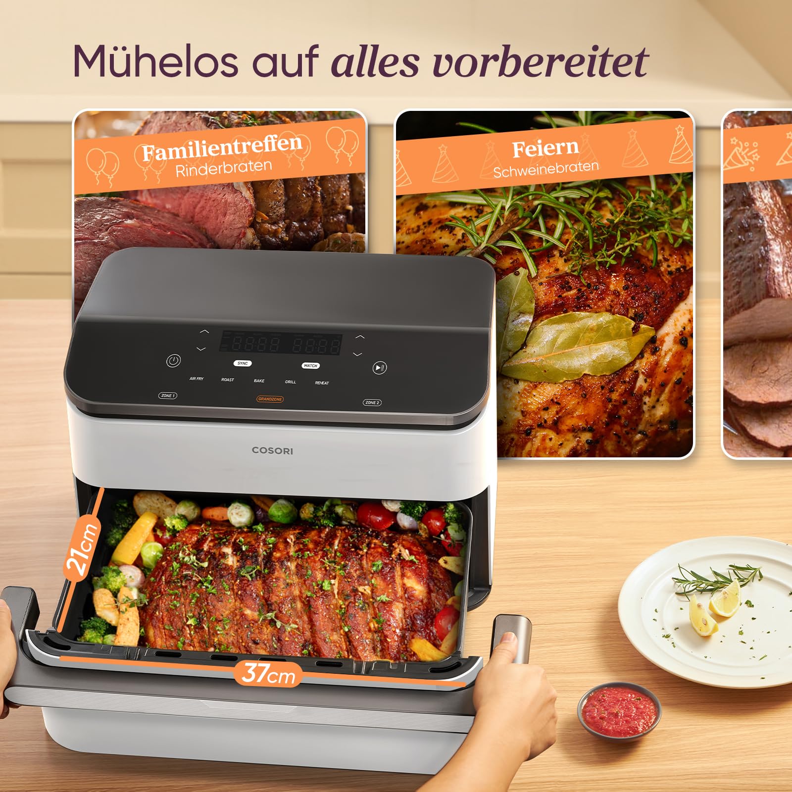 COSORI Dual Blaze Heißluftfritteuse, 2 Kammern, 10L, 4 Heizstäbe, Cremeweiß