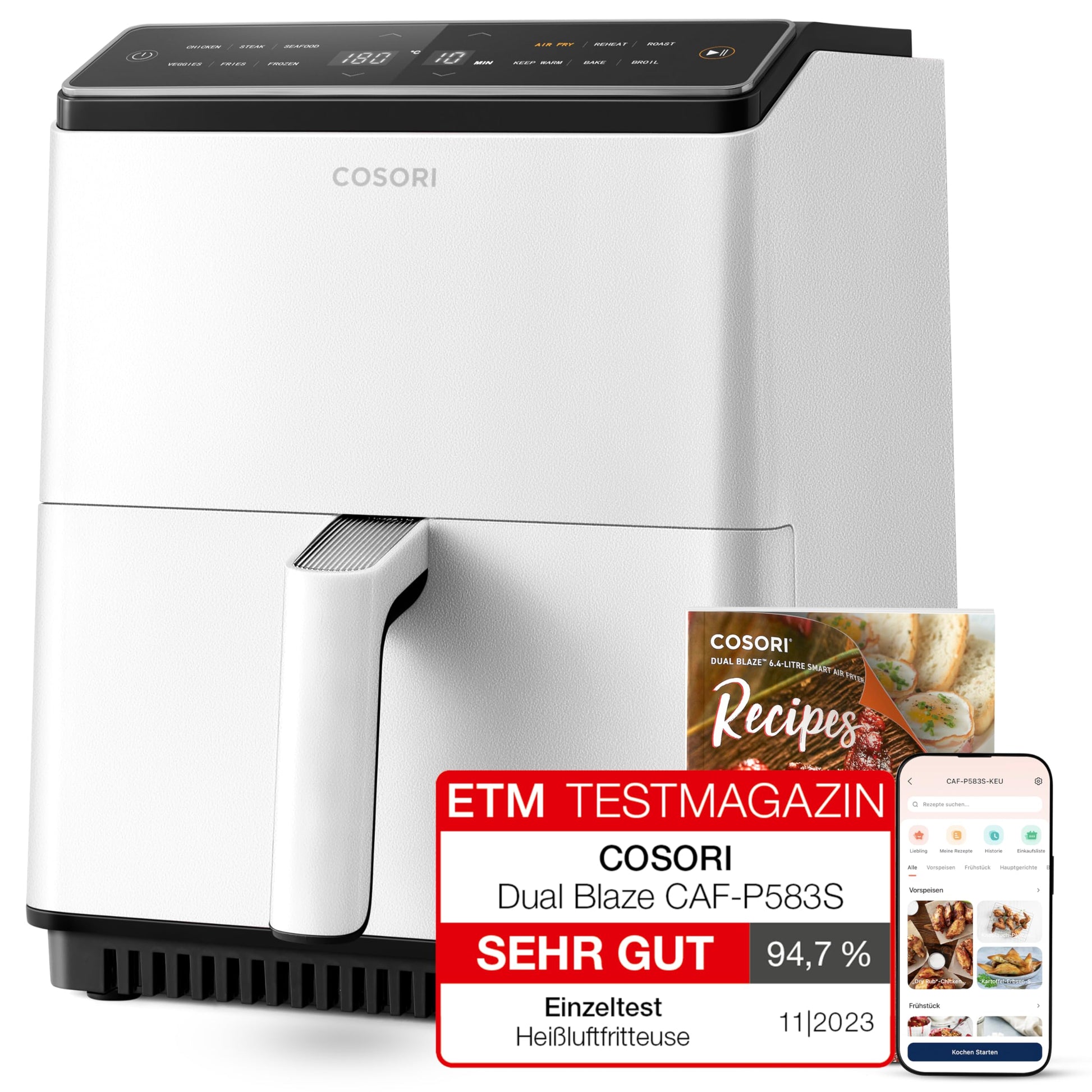 COSORI Dual Blaze Heißluftfritteuse, 6,4L, WLAN, 12 Funktionen, Touchscreen, Milchweiß